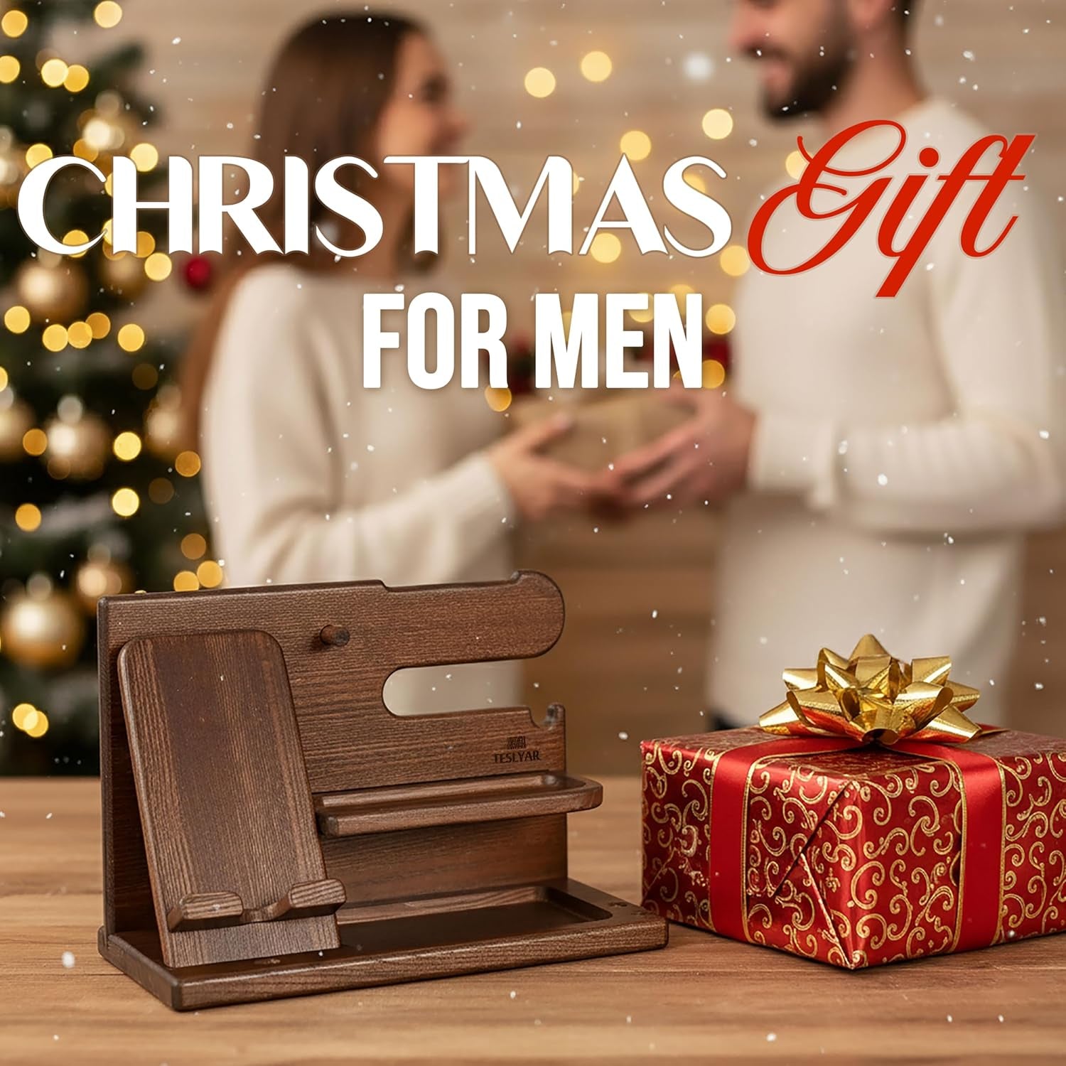 Wood Phone Docking Station for Men - Desk or Nightstand Organizer - Birthday Gifts for Husband, Dad - Anniversary Idea from Wife - Key Holder, Stand Wallet, Watch & Essentials (Bourbon Brown)