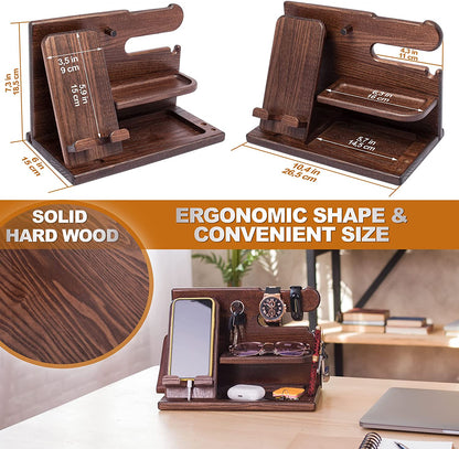 Wood Phone Docking Station for Men - Desk or Nightstand Organizer - Birthday Gifts for Husband, Dad - Anniversary Idea from Wife - Key Holder, Stand Wallet, Watch & Essentials (Bourbon Brown)